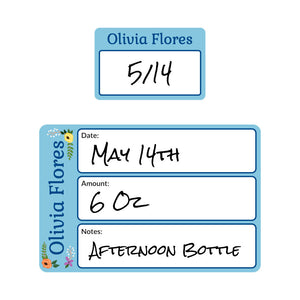 baby bottle date write-on labels floral blue