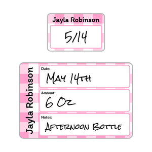 baby bottle date write-on labels gingham pink
