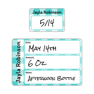 baby bottle date write-on labels gingham teal