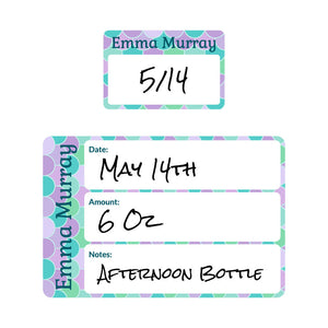 baby bottle date write-on labels mermaid pattern ariel