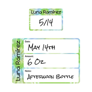 baby bottle date write-on labels tie-dye green