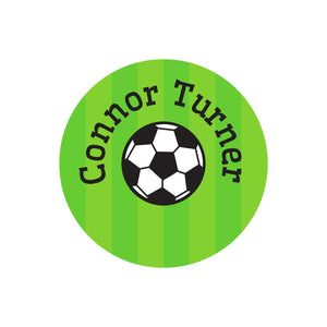 dishwasher safe labels featuring a soccerball on a striped green background