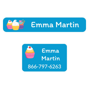 rectangle shaped iron on labels with trio of cupcakes on blue background design