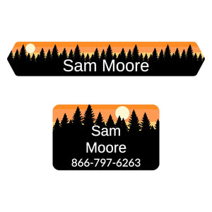 iron-on labels of various shapes and sizes with forest silhouette and sky design