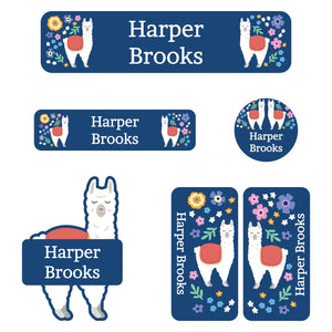 kindergarten labels of various shapes and size featuring llama design on a blue label