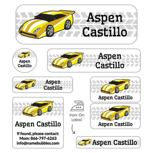 race car yellow sleepaway camp labels pack