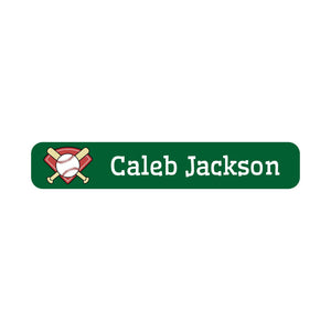 iron-on labels featuring a baseball on a green background