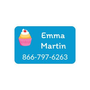 clothing name labels with a cupcake on blue background design