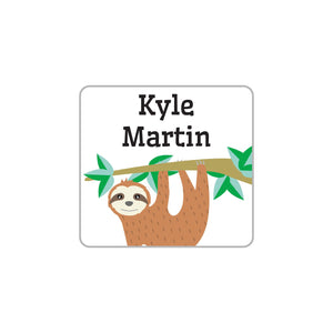 laundry safe clothing labels with sloth hanging from tree branch design