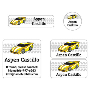 race car yellow sports labels pack