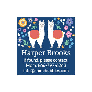 durable adhesive labels with llamas and flowers on a blue background with room for contact information