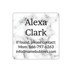 dishwasher safe information labels with white marble background
