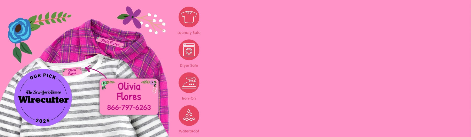 kids' iron-on clothing labels on pink and gray shirt and purple socks