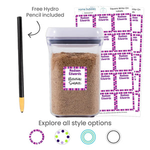 Waterproof square reusable write-on label stickers from Name Bubbles