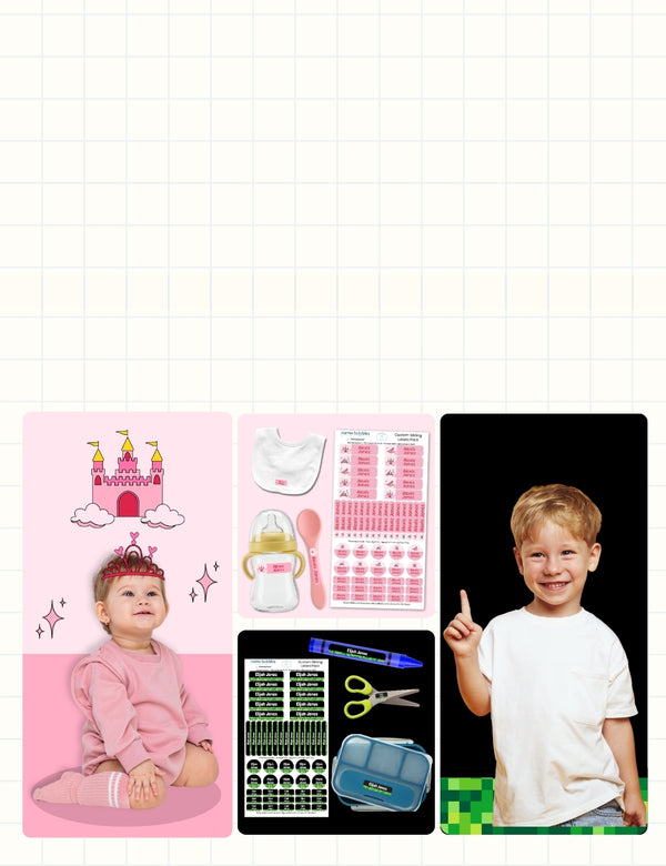 Sibling Labels Pack with waterproof name labels for multiple kids