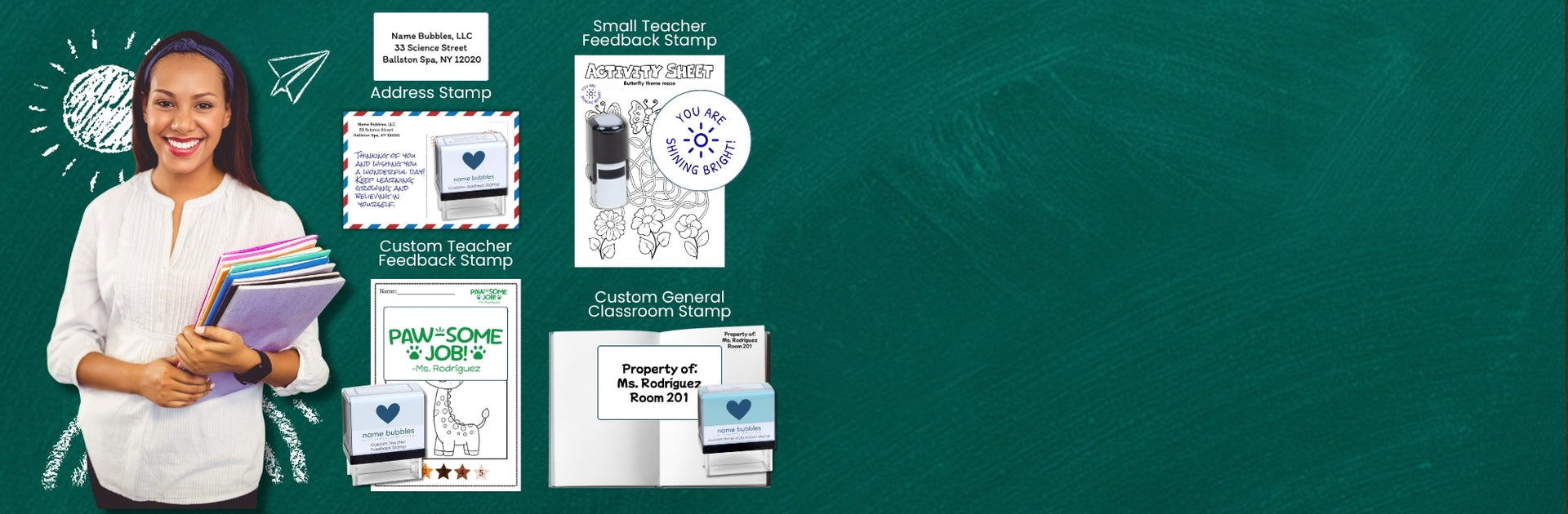 Custom name stamp, custom address stamp, custom teacher stamp