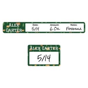 baby bottle ring and cap write-on labels for kids in bear forest green