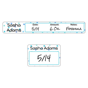 ring and cap baby bottle labels in pom pom blue