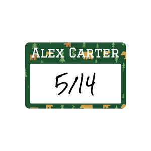 baby bottle cap write-on labels for kids in bear forest green