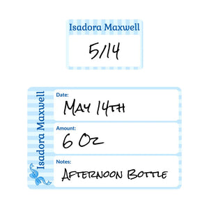 baby bottle date write-on labels bow blue