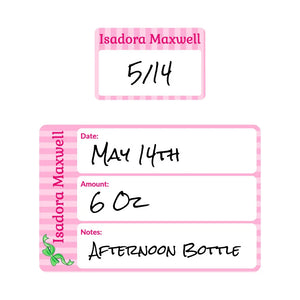 baby bottle date write-on labels bow green pink