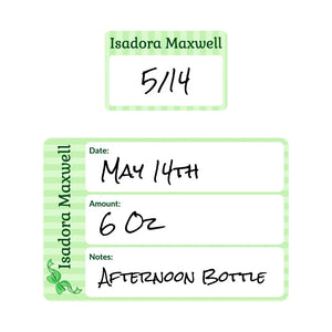 baby bottle date write-on labels bow green