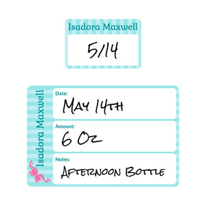 baby bottle date write-on labels bow pink blue