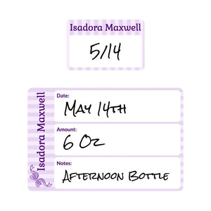 baby bottle date write-on labels bow purple