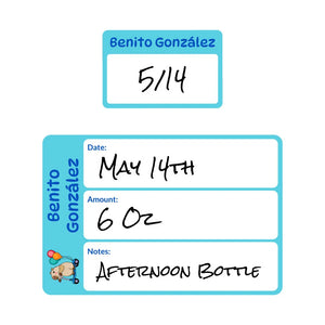 baby bottle date write-on labels capybara blue
