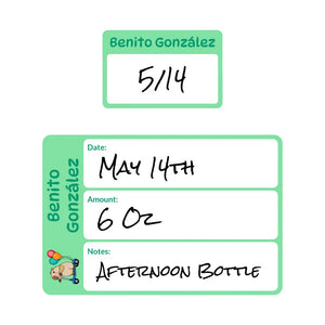 baby bottle date write-on labels capybara green
