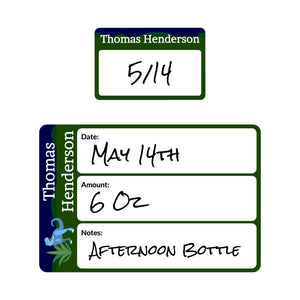 baby bottle date write-on labels dinosaurs dark green