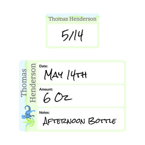 baby bottle date write-on labels dinosaurs green
