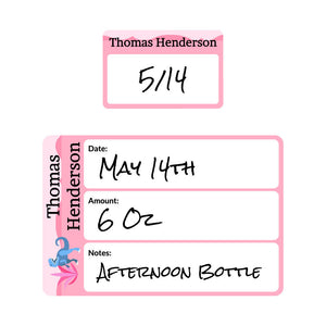 baby bottle date write-on labels dinosaurs pink