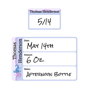 baby bottle date write-on labels dinosaurs purple