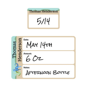 baby bottle date write-on labels dinosaurs tan