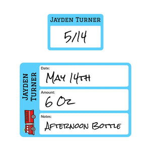 baby bottle date write-on labels in fire truck blue