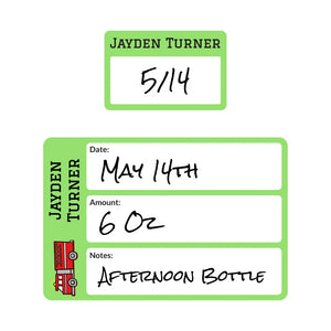 baby bottle date write-on labels in fire truck green