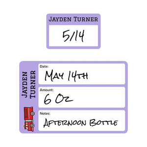 baby bottle date write-on labels in fire truck purple
