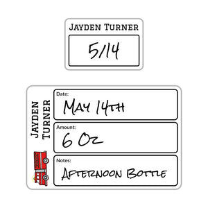baby bottle date write-on labels in fire truck white