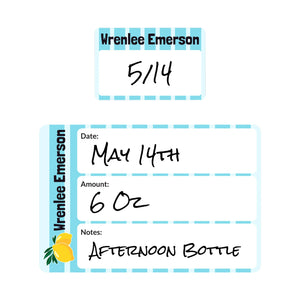 baby bottle name labels lemons blue