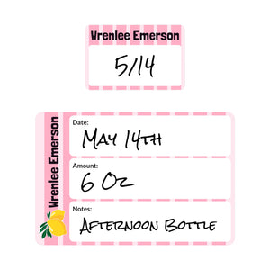 baby bottle name labels lemons pink