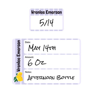 baby bottle name labels lemons purple