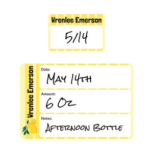 baby bottle name labels lemons yellow