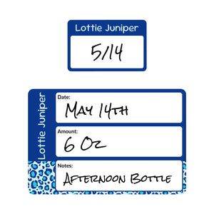 baby bottle name stickers leopard print blue