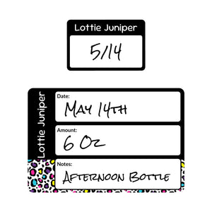 baby bottle name stickers leopard print rainbow