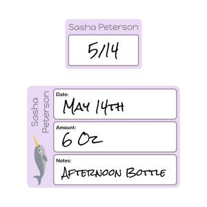 baby bottle labels for daycare in narwhal light purple