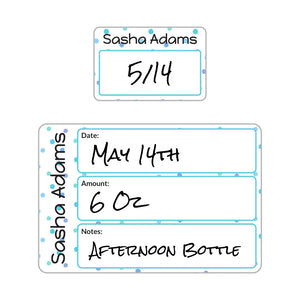 baby bottle labels for daycare in pom pom blue