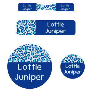 baby name labels leopard print blue