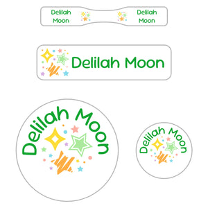 baby name labels pack stars green rainbow