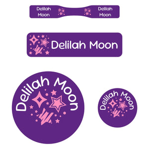 baby name labels pack stars purple pink